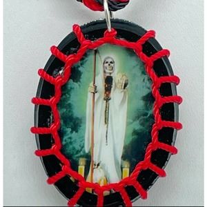 Santa Muerte Scapular Necklace Handmade Knotted Rope Black Red White Wood Charm